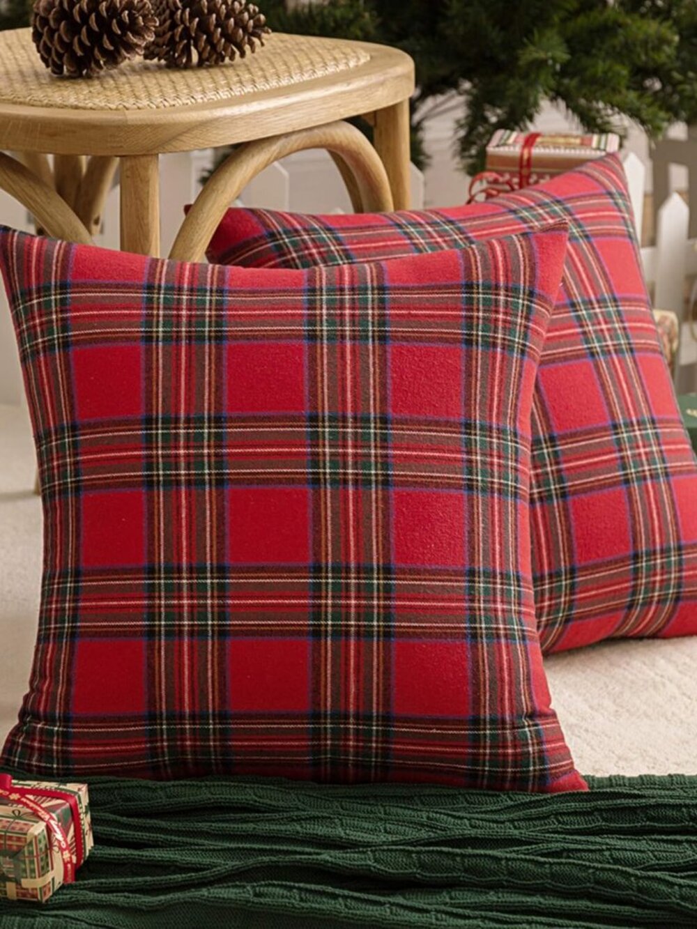 Christmas Plaid Decorative Throw Pillow Covers Red 18x18 Inches